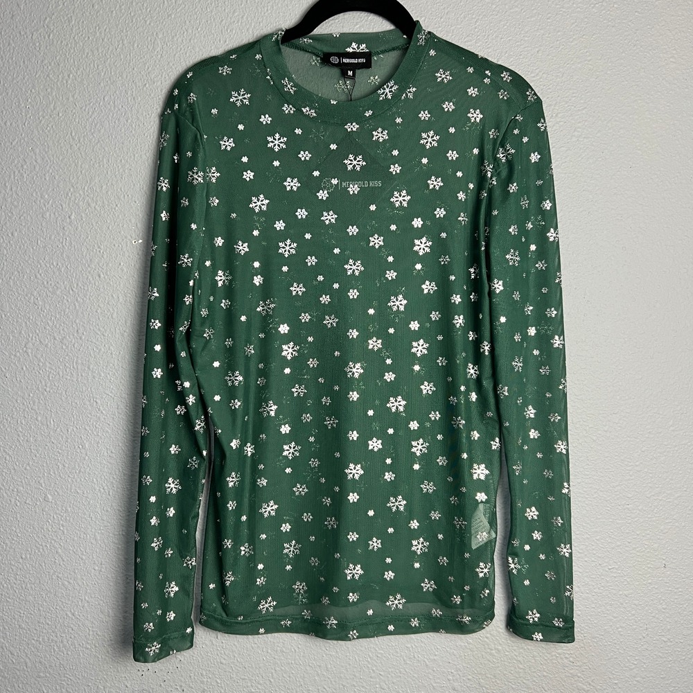 Marigold Kiss Mesh‎ Sheer Top Silver Snowflake Holiday Party Long Sleeve Size M